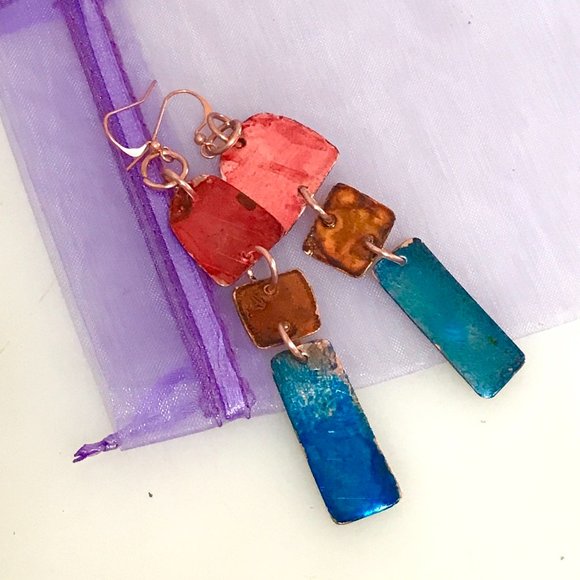 Primitive Brutalist Copper Earrings Boho Gift Chartreuse Festival Handmade - Picture 9 of 10